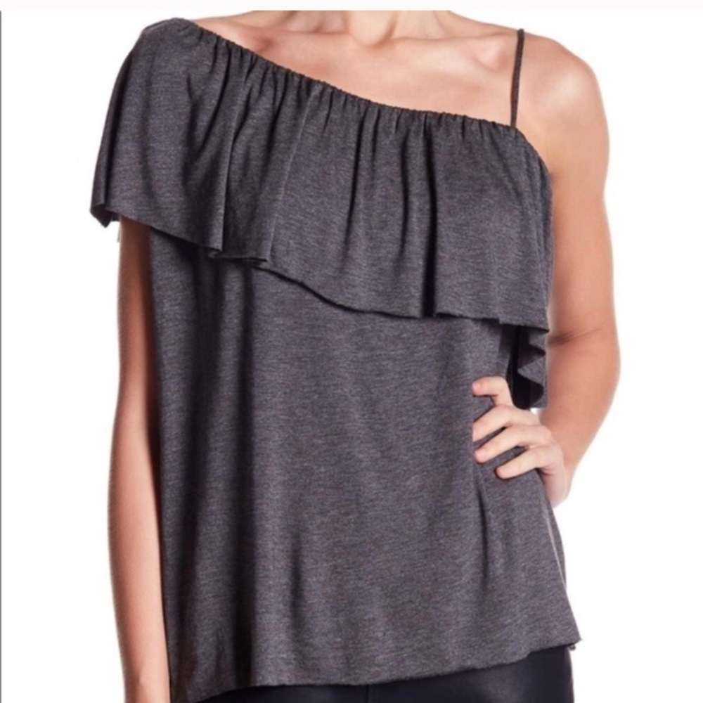 Anthropologie One-Shoulder Ruffle Top in Charcoal Gray